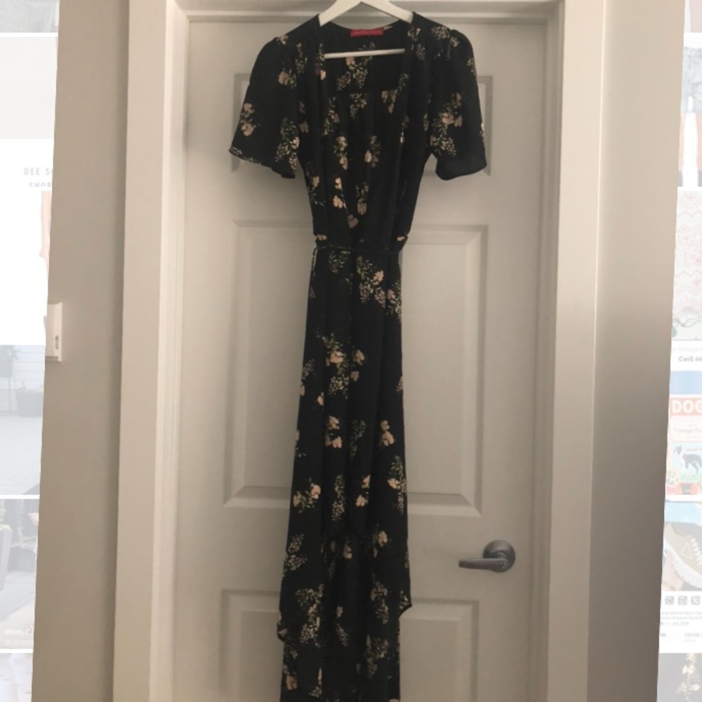 Saks Fifth Avenue brand black floral wrap dress
